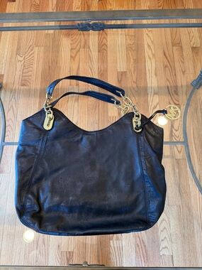 Michael Kors Black Leather Shoulder Bag with Gold Hardware